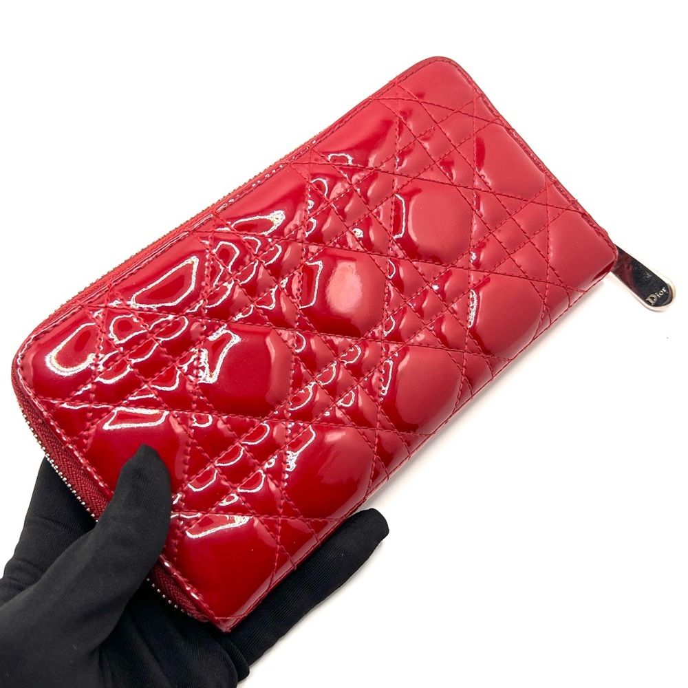 Authentic Christian Dior Cannage Red Patent Leather Zip Long Wallet - Picture 3 of 11